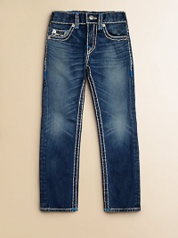 Thick, contrast stitching with neon bartacks, silvertone hardware and signature horseshoe pockets define this slim-fitting, slightly faded pair.Front button closureAdjustable waistband with belt loopsZip flyFive-pocket styleCottonMachine washImported of domestic fabric Thick, contrast stitching with neon bartacks, silvertone hardware and signature horseshoe pockets define this slim-fitting, slightly faded pair.Front button closureAdjustable waistband with belt loopsZip flyFive-pocket styleCottonMachine washImported of domestic fabric