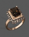 Diamonds and brown diamonds frame an emerald cut smoky topaz, set in 14K rose gold.