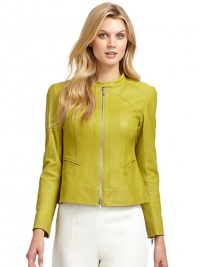 THE LOOKStitch detailingStand collar with snap detailDual welt pocketsLong sleeves with zip cuffsTHE FITAbout 21 from shoulder to hemTHE MATERIALLeatherFully linedCARE & ORIGINClean by leather specialistImportedModel shown is 5'9 (175cm) wearing US size 4. THE LOOKStitch detailingStand collar with snap detailDual welt pocketsLong sleeves with zip cuffsTHE FITAbout 21 from shoulder to hemTHE MATERIALLeatherFully linedCARE & ORIGINClean by leather specialistImportedModel shown is 5'9 (175cm) wearing US size 4.