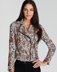 Rev up your fall layers--this multi-colored tapestry print enlivens this cropped Free People moto jacket for shabby meets chic. Rev up your fall layers--this multi-colored tapestry print enlivens this cropped Free People moto jacket for shabby meets chic.