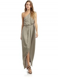THE LOOKAsymmetric designGathered and draped at waistHigh slitInvisible side zip with button-and-loop closureTHE FITAbout 58 from shoulder to hemTHE MATERIAL90% viscose rayon/10% silkFully linedCARE & ORIGINDry clean ImportedModel shown is 5' 9½ (176cm) wearing US size 4. THE LOOKAsymmetric designGathered and draped at waistHigh slitInvisible side zip with button-and-loop closureTHE FITAbout 58 from shoulder to hemTHE MATERIAL90% viscose rayon/10% silkFully linedCARE & ORIGINDry clean ImportedModel shown is 5' 9½ (176cm) wearing US size 4.