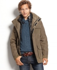 Keep the cold out with hot style and performance in this water-resistant, hooded jacket from Weatherproof. Keep the cold out with hot style and performance in this water-resistant, hooded jacket from Weatherproof.