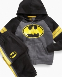 Gotham will feel safe at night for your little one when he's wearing this Batman fleece hoodie and pants set from Clubhouse. Gotham will feel safe at night for your little one when he's wearing this Batman fleece hoodie and pants set from Clubhouse.
