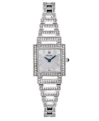 Outshine the brightest stars with this glittering watch by Bulova. Stainless steel bracelet and square case embellished with crystal accents. Stamped silver tone dial features crystal accent markers, two royal blue hands and logo at twelve o'clock. Quartz movement. Water resistant to 30 meters. Three-year limited warranty. Outshine the brightest stars with this glittering watch by Bulova. Stainless steel bracelet and square case embellished with crystal accents. Stamped silver tone dial features crystal accent markers, two royal blue hands and logo at twelve o'clock. Quartz movement. Water resistant to 30 meters. Three-year limited warranty.
