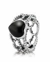An intertwined, beaded band and a polished onyx heart make a darkly romantic statement. Ring by PANDORA.