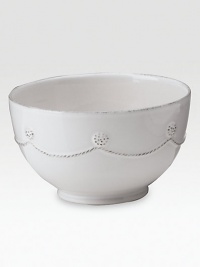 Whitewashed ceramic with scalloped edge and raised details. · Oven/dishwasher/microwave/freezer safe · 6 diameter · Made in France Whitewashed ceramic with scalloped edge and raised details. · Oven/dishwasher/microwave/freezer safe · 6 diameter · Made in France