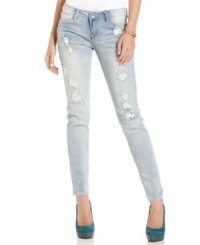 Beautiful disaster: a series of rips add gritty-cool style to Dollhouse's light wash skinny jeans! Beautiful disaster: a series of rips add gritty-cool style to Dollhouse's light wash skinny jeans!