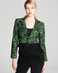 A stunning Nanette Lepore jacket in of-the-moment lace for trendsetting appeal this fall. A stunning Nanette Lepore jacket in of-the-moment lace for trendsetting appeal this fall.