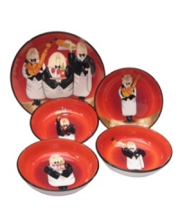 At your service. The Waiters pasta set from Certified International's collection of serveware and serving dishes stars a humorous and humorless wait staff on durable earthenware. Each bowl celebrates a different component of the meal, providing all the inspiration you need for a delicious eat-in feast. At your service. The Waiters pasta set from Certified International's collection of serveware and serving dishes stars a humorous and humorless wait staff on durable earthenware. Each bowl celebrates a different component of the meal, providing all the inspiration you need for a delicious eat-in feast.