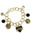 For the wild at heart, this charm bracelet from GUESS is crafted from gold-tone mixed metal with jet and glass crystal accents bringing a stylish edge. Leopard print enhances the animal attraction. Item comes packaged in a signature GUESS Gift Box.  Approximate length: 7-1/2 inches. Approximate drop: 1 inch. Approximate diameter: 1-1/2 inches.