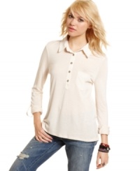 Basic with a twist: from the roll tab sleeves to the single pleat at the back, sharp details bring distinct style to Eyeshadow's button-front top. Basic with a twist: from the roll tab sleeves to the single pleat at the back, sharp details bring distinct style to Eyeshadow's button-front top.
