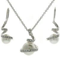 Exquisite Sterling Silver CZ White Pearl Majorca Swirl Pendant Necklace and Earring Jewelry Gift Set Bucasi Exquisite Sterling Silver CZ White Pearl Majorca Swirl Pendant Necklace and Earring Jewelry Gift Set Bucasi