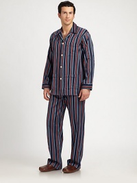 Two-piece set woven in remarkably striped cotton for sartorial appeal. Cotton. Machine wash. Imported.SHIRTButton frontChest, hip patch pocketsPANTSide elastic waistInseam, about 31 Two-piece set woven in remarkably striped cotton for sartorial appeal. Cotton. Machine wash. Imported.SHIRTButton frontChest, hip patch pocketsPANTSide elastic waistInseam, about 31