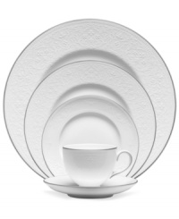 Like traditional embroidery, English Lace dinnerware is meticulously crafted with delicate florals, all embossed in fine bone china that's remarkably dishwasher safe. Bands of polished platinum complete the Wedgwood place setting with timeless grace. Like traditional embroidery, English Lace dinnerware is meticulously crafted with delicate florals, all embossed in fine bone china that's remarkably dishwasher safe. Bands of polished platinum complete the Wedgwood place setting with timeless grace.