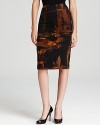 Bold strokes of color embolden a Lafayette 148 New York skirt, outfitted with faux leather piping for feminine edge.