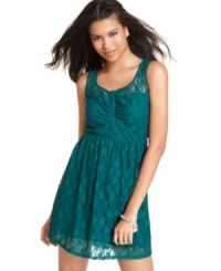 Lace fabric and a sheer mesh back makes this dress a total femme fest! Top it with a cute cardi for a day look that's high on charm. From Fire. Lace fabric and a sheer mesh back makes this dress a total femme fest! Top it with a cute cardi for a day look that's high on charm. From Fire.