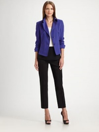 Vibrant wool gabardine, in a timeless style accented by a sculptural collar.Foldover collar with tab detailButton frontPatch pocketsFully linedAbout 21 from shoulder to hemWoolDry cleanImported of Italian fabricModel shown is 5'10 (177cm) wearing US size 4. Vibrant wool gabardine, in a timeless style accented by a sculptural collar.Foldover collar with tab detailButton frontPatch pocketsFully linedAbout 21 from shoulder to hemWoolDry cleanImported of Italian fabricModel shown is 5'10 (177cm) wearing US size 4.