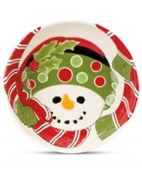 There's a cool surprise in store for family and friends when they get to the bottom of this Fitz and Floyd serving bowl. The scarf that wraps its edge ends in a smiling, frosted face, with a carrot nose and two eyes made out of coal. There's a cool surprise in store for family and friends when they get to the bottom of this Fitz and Floyd serving bowl. The scarf that wraps its edge ends in a smiling, frosted face, with a carrot nose and two eyes made out of coal.