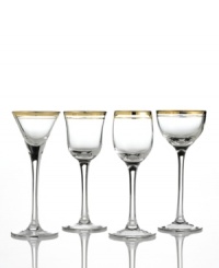 Enrich the table with radiant Charter Club stemware. Two bands of glistening gold add a touch of luxury to four unique and simply elegant cordial glasses. Enrich the table with radiant Charter Club stemware. Two bands of glistening gold add a touch of luxury to four unique and simply elegant cordial glasses.