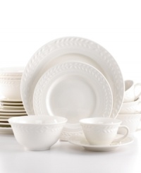 All white and trimmed in a raised vine motif, the Nobilis dinnerware and dishes set from Gibson caters to casually elegant meals. Classic shapes finished with a radiant glaze exude timeless, quiet refinement. All white and trimmed in a raised vine motif, the Nobilis dinnerware and dishes set from Gibson caters to casually elegant meals. Classic shapes finished with a radiant glaze exude timeless, quiet refinement.