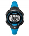 Get a boost of energy from the electric blue of this digital Ironman watch by Timex. Blue resin strap and round black resin case with logo at bezel. Positive display digital dial features day, date, time, 10-lap memory, chronograph, alarm and timer. Quartz movement. Water resistant to 100 meters. One-year limited warranty.