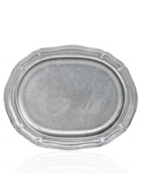 Wilton Armetale revives a classic silhouette with the Country French oval tray. A unique matte finish adds an element of surprise to elegant scalloped edges and, in temperature-retaining metal, is ideal for entertaining. Wilton Armetale revives a classic silhouette with the Country French oval tray. A unique matte finish adds an element of surprise to elegant scalloped edges and, in temperature-retaining metal, is ideal for entertaining.