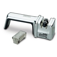 The breakthrough two-stage manual knife sharpener that puts an excellent, longer lasting edge on both straight edge and serrated blades. This professional quality knife sharpener combines key features essential for consistent razor-sharp edges; precision sharpening angle guides, two-stage sharpening, and 100% diamond abrasives, in an easy-to-use design that is safe for quality knives. The Chef'sChoice® Model 460 can be used right-or left-handed and comes with a functional and attractive dust cover. Made in the U.S.A. The breakthrough two-stage manual knife sharpener that puts an excellent, longer lasting edge on both straight edge and serrated blades. This professional quality knife sharpener combines key features essential for consistent razor-sharp edges; precision sharpening angle guides, two-stage sharpening, and 100% diamond abrasives, in an easy-to-use design that is safe for quality knives. The Chef'sChoice® Model 460 can be used right-or left-handed and comes with a functional and attractive dust cover. Made in the U.S.A.