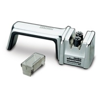 The breakthrough two-stage manual knife sharpener that puts an excellent, longer lasting edge on both straight edge and serrated blades. This professional quality knife sharpener combines key features essential for consistent razor-sharp edges; precision sharpening angle guides, two-stage sharpening, and 100% diamond abrasives, in an easy-to-use design that is safe for quality knives. The Chef'sChoice® Model 460 can be used right-or left-handed and comes with a functional and attractive dust cover. Made in the U.S.A.