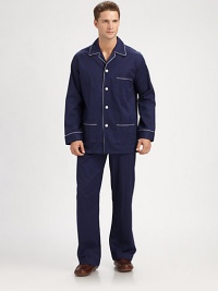 Contrasting trim adds definition and design to this nightwear essential woven in printed cotton. Cotton. Machine wash. Imported.SHIRTButton frontChest, hip pocketsPANTTwo-button elastic waistInseam, about 31 Contrasting trim adds definition and design to this nightwear essential woven in printed cotton. Cotton. Machine wash. Imported.SHIRTButton frontChest, hip pocketsPANTTwo-button elastic waistInseam, about 31