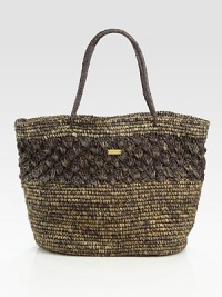 Two-toned woven grass design with palm tree details for a truly tropical look. Woven grass9W X 13H X 28DSpot cleanImported Two-toned woven grass design with palm tree details for a truly tropical look. Woven grass9W X 13H X 28DSpot cleanImported