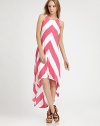 Bold chevron stripes pop on soft jersey in this asymmetric maxi shift.JewelneckSleevelessHem longer in backAbout 38 from natural waistRayonDry cleanMade in USAModel shown is 5'9 (175cm) wearing US size Small.