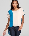 Sam & Lavi's color block tee has a dramatic impact on everyday denim with asymmetrical panels of blue and beige.