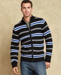 Stripes add attention grabbing detail to this classic full zip sweater from Tommy Hilfiger. Stripes add attention grabbing detail to this classic full zip sweater from Tommy Hilfiger.