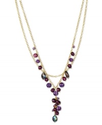 Luminous and chic. Multicolored cultured freshwater pearls (6-9 mm) and dimension, while amethyst gemstones (15-1/10 ct. t.w.) add sparkle in this pretty 2-row necklace. Set in 18k gold over sterling silver. Approximate length: 17 inches. Approximate drop: 2 inches. Luminous and chic. Multicolored cultured freshwater pearls (6-9 mm) and dimension, while amethyst gemstones (15-1/10 ct. t.w.) add sparkle in this pretty 2-row necklace. Set in 18k gold over sterling silver. Approximate length: 17 inches. Approximate drop: 2 inches.