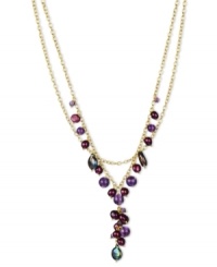 Luminous and chic. Multicolored cultured freshwater pearls (6-9 mm) and dimension, while amethyst gemstones (15-1/10 ct. t.w.) add sparkle in this pretty 2-row necklace. Set in 18k gold over sterling silver. Approximate length: 17 inches. Approximate drop: 2 inches.