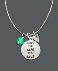 Stylish and inspirational, this charm necklace is a constant reminder to Love the Life You Live. Necklace crafted in sterling silver features a round tag charm, a heart charm, and a green bead charm. Approximate length: 18 inches. Approximate drop: 1 inch. Stylish and inspirational, this charm necklace is a constant reminder to Love the Life You Live. Necklace crafted in sterling silver features a round tag charm, a heart charm, and a green bead charm. Approximate length: 18 inches. Approximate drop: 1 inch.
