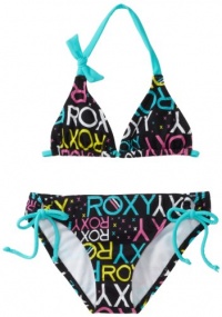 Roxy Kids Girls 7-16 Roxy Marks The Spot Print Halter Tiki Tri 2 Piece Swimsuit Set, New Black, 10