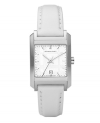 This Burberry timepiece features a white leather strap and rectangular stainless steel case. Silver tone checked dial features stick indices, minute track, date window at six o'clock, three hands and logo. Quartz movement. Water resistant to 50 meters. Two-year limited warranty. This Burberry timepiece features a white leather strap and rectangular stainless steel case. Silver tone checked dial features stick indices, minute track, date window at six o'clock, three hands and logo. Quartz movement. Water resistant to 50 meters. Two-year limited warranty.