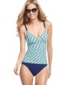 Diagonal stripes, ruching and a tummy control panel create a slimming effect for a chic silhouette with this flattering Lauren by Ralph Lauren one-piece swimsuit!