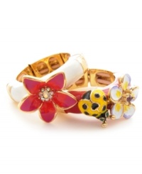 Let mother nature make her big debut. Betsey Johnson's pretty ring set features sparkly crystal-accented flowers in white, hot pink and yellow enamel with a yellow and black polka-dotted lady bug. Set in gold-plated mixed metal. Rings stretch to fit fingers. Let mother nature make her big debut. Betsey Johnson's pretty ring set features sparkly crystal-accented flowers in white, hot pink and yellow enamel with a yellow and black polka-dotted lady bug. Set in gold-plated mixed metal. Rings stretch to fit fingers.