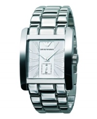 A bold-faced watch with Roman flair. This Emporio Armani watch features a stainless steel bracelet and square case. Silvertone dial with logo, roman numerals, subdial and two hands. Quartz movement. Water resistant to 30 meters. Two-year limited warranty. A bold-faced watch with Roman flair. This Emporio Armani watch features a stainless steel bracelet and square case. Silvertone dial with logo, roman numerals, subdial and two hands. Quartz movement. Water resistant to 30 meters. Two-year limited warranty.
