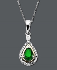 The perfect way to celebrate a May birthday - this pretty teardrop pendant exudes a subtle, green sheen. Crafted in 14k gold and sterling silver, a pear-cut emerald (3/8 ct. t.w.) and round-cut diamond accent add just the right shine. Approximate length: 18 inches. Approximate drop: 1 inch. The perfect way to celebrate a May birthday - this pretty teardrop pendant exudes a subtle, green sheen. Crafted in 14k gold and sterling silver, a pear-cut emerald (3/8 ct. t.w.) and round-cut diamond accent add just the right shine. Approximate length: 18 inches. Approximate drop: 1 inch.