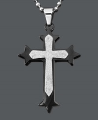 Display your dynamic sense of faith in solid style. This men's cross pendant features an intricate design and matching ball chain. Crafted in stainless steel and black ion-plated stainless steel. Approximate length: 24 inches. Approximate drop width: 1-1/2 inches. Approximate drop length: 1-3/4 inches. Display your dynamic sense of faith in solid style. This men's cross pendant features an intricate design and matching ball chain. Crafted in stainless steel and black ion-plated stainless steel. Approximate length: 24 inches. Approximate drop width: 1-1/2 inches. Approximate drop length: 1-3/4 inches.
