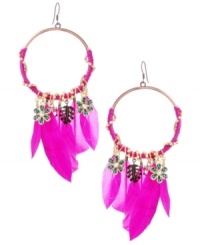 Feathery and fashionable. Betsey Johnson's antique gold tone mixed metal earrings feature fun fuchsia feathers and blue and black leopard flowers, green leaves, and crystal accents all dripping from fuchsia wrapped hoops. Approximate drop: 6 inches. Approximate diameter: 2-1/4 inches.