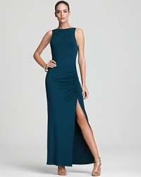 This formfitting Akiko maxi dress flaunts a ruched side slit for a tasteful hint of skin. This formfitting Akiko maxi dress flaunts a ruched side slit for a tasteful hint of skin.