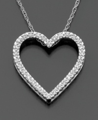 The tried and true is well received with this beautiful diamond necklace. Stunning diamond heart pendant is in great form with a stunning array of round-cut diamonds (1/10 ct. t.w.) set in 14k white gold. hain is 18 inches. Pendant drop is 3/4 inch.