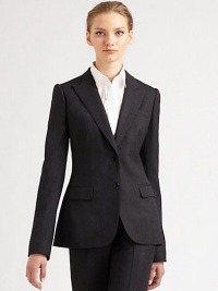 Sophisticated, menswear-inspired design is rendered in a sharp, pinstriped wool blend.Peaked lapelsButton frontFlap pocketsWelt pocketButton cuffsDouble back ventsAbout 26 from shoulder to hem62% virgin wool/18% cotton/16% nylon/4% elastaneDry cleanMade in Italy of imported fabric Model shown is 5'10 wearing US size 4. Sophisticated, menswear-inspired design is rendered in a sharp, pinstriped wool blend.Peaked lapelsButton frontFlap pocketsWelt pocketButton cuffsDouble back ventsAbout 26 from shoulder to hem62% virgin wool/18% cotton/16% nylon/4% elastaneDry cleanMade in Italy of imported fabric Model shown is 5'10 wearing US size 4.