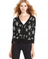 Layer your tees and skinny jeans with star style (literally!) Confess' super-cute, three-quarter sleeve cardi features a constellation of metallic stars. Layer your tees and skinny jeans with star style (literally!) Confess' super-cute, three-quarter sleeve cardi features a constellation of metallic stars.