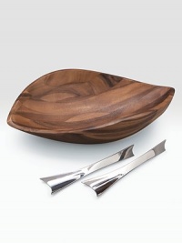 An artisan bowl is handcrafted of dense, durable acacia with a finely patterned grain and modern, sloping lines. Unique servers made of stainless steel define this beautiful serving set. 19W X 5H X 12½D Hand wash Imported An artisan bowl is handcrafted of dense, durable acacia with a finely patterned grain and modern, sloping lines. Unique servers made of stainless steel define this beautiful serving set. 19W X 5H X 12½D Hand wash Imported