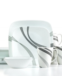 Effortlessly cool, the Urban Arc dinnerware set packs unparalleled durability and modern design into service for four. Sweeping black and gray lines crisscross square plates, bowls and minimalist mugs for casual meals. From Corelle Lifestyles. Effortlessly cool, the Urban Arc dinnerware set packs unparalleled durability and modern design into service for four. Sweeping black and gray lines crisscross square plates, bowls and minimalist mugs for casual meals. From Corelle Lifestyles.